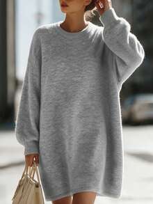 Women's Fall Winter Heather Grey Fuzzy Soft Knit Crew Neck Lantern Sleeve Mini Sweater Dress, Oversized Slouchy Casual Daily Office Commute Wear - Grey - View 5