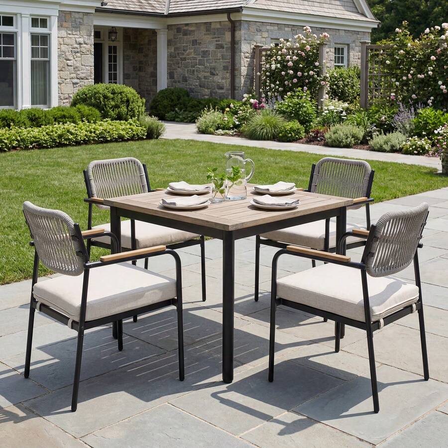 WAHSON OFFICE CHAIRS 4PCS Beige Stackable Outdoor Garden Dining Chairs With Rope Back