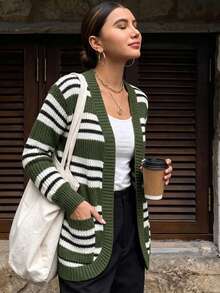 Cardigan Wanita Motif Garis Hijau Musim Gugur/Dingin, Dengan Saku, Lengan Panjang, Bagian Depan Terbuka, Gaya Liburan - MultiWarna - View 2