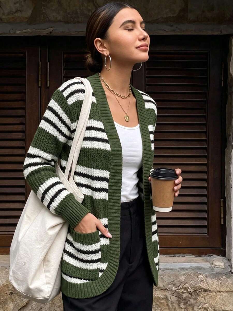 Cardigan Wanita Motif Garis Hijau Musim Gugur/Dingin, Dengan Saku, Lengan Panjang, Bagian Depan Terbuka, Gaya Liburan