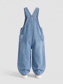 1pc Girls' Bow Embroidery Denim Overalls, 3D Bow Design Loose Straight Leg Pants, Cute Fashion Outfit - Medium Wash - View 3