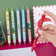 16pcs Random Cute Christmas Cartoon Retractable Gel Pens, Christmas Tree Santa Claus Reindeer Pattern Press-Type Water Pens, Office Planner Writing Stationery Christmas Party Small Gift, Includes 6 Pens + 10 Refills - Multicolor - View 12