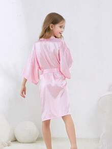 Girls' Comfortable Soft Japanese Style Small V-Neck 3/4 Sleeve Solid Color Belted Knee-Length Nightgown Loungewear Morning Robe - Pink - View 3
