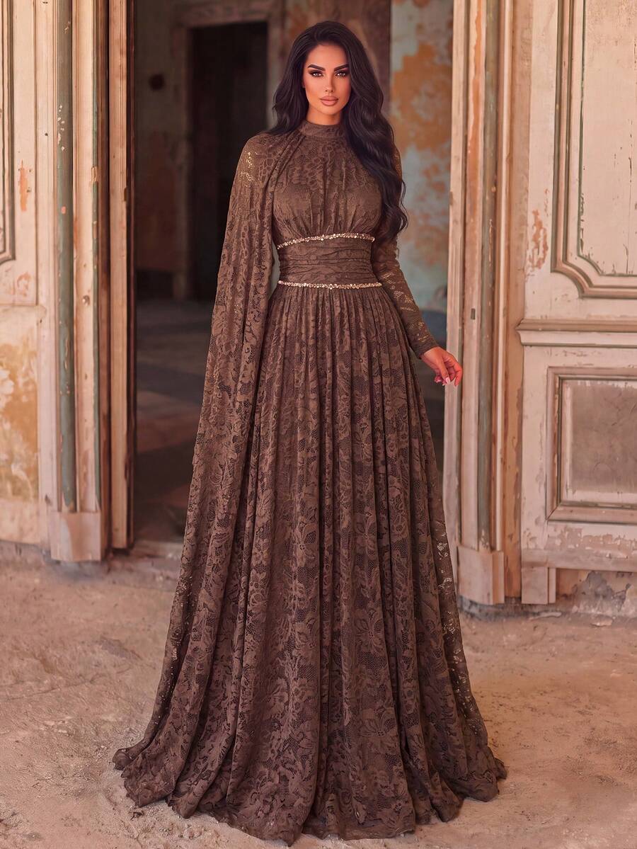 Romantic Women's Long Sleeve Lace Formal Dress, Stand Collar, Asymmetrical Pleated Details, Suitable For Elegant Evening Events - Coffee Brown - View 1
