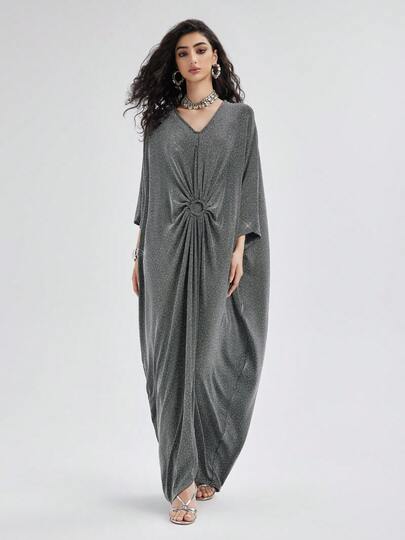 Rich Radi Q's Women's Charming V-Neck Long Kaftan Dress, 3/4 Sleeve, Fashionable Ring Decoration, Loose Fit, High Elasticity Woven Fabric, Showcasing Elegant Style