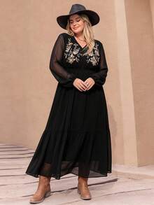 Women's Plus Size Floral Embroidered Knot Collar Lantern Sleeve Dress - Black - View 6