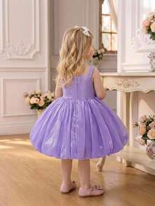 Baby Girls Spaghetti Strap 3D Large Flower Organza Cute Birthday Party Dress, Suitable For Parties, Headband Not Included - Mauve Purple - View 5