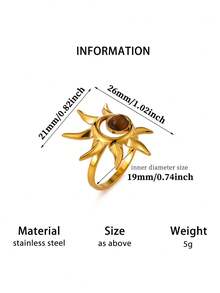 Vintage Brown Natural Stone Sun-Shaped Stainless Steel Ring, Suitable For Women, Mothers And Best Friends, Exaggerated Gold Wedding, Party And Holiday Matching Jewelry, Unusual Gift - Multicolor - View 13