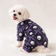 Opjoys 1pc Halloween Argyle Skull Print Dog Jumpsuit, Halloween Style Skin-Friendly Knitted Four-Legged Design Round Neck Ribbed Cuff Warm Belly Protection Anti-Shedding Pet Home Wear Spring Autumn Daily - Black - View 6