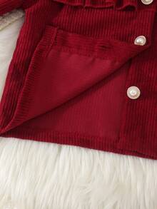 2pcs Girls Vintage Sweet Style Corduroy Short Jacket With Lapel And Frill Trim, Paired With High Waist Ruffle Button A-Line Skirt Set, Spring/Autumn - Burgundy - View 8