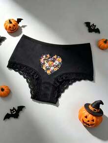 6PCS Halloween Pumpkin Bat Spider Web Ghost Multicolor Print Lace Patchwork Sexy Women's Lingerie Comfortable Ladies Panties - Black - View 8