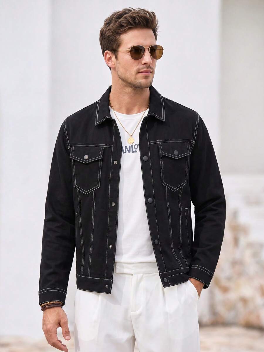 Mercer Haus Men's Autumn/Winter Casual Fashion Jacket, Outdoor Streetwear, Turn-Down Collar, Multi-Pocket Jacket - Black - View 1