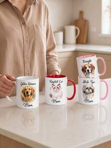 Personalized Pet Photo Mug, Custom Name Ceramic Coffee Cup, 11oz Pink Handle Mug, Custom Pet Portrait Cup For Dog Mom Cat Mom, Personalized Gift For Pet Lovers, Birthday Gift, Mother's Day Gift, Christmas Gift - Normal - View 8