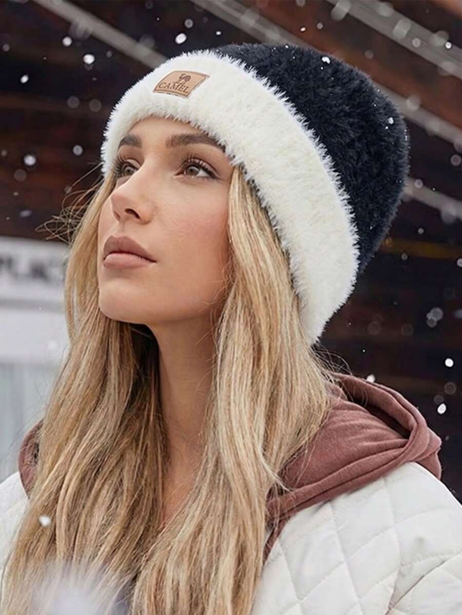 CAMEL CROWN Outdoor Faux Fur Knit Beanie, Colorblock Knit Hat For Autumn/Winter, Warm And Windproof Ear Protection, Large Size Wool Hat - Black/White - View 1
