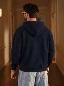 1pc Men's Solid Gray Long Sleeve Hooded Sweatshirt, Suitable For Daily Casual Wear And Gifting To Friends, Thin Style - Navy Blue - View 3