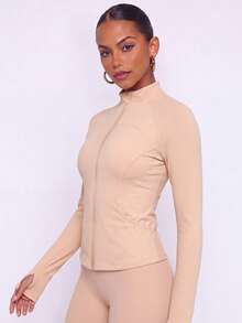 VUTRU 1pc Women's Fitted Zipper Sports Jacket With Pockets, Thumb Holes, Ribbed Cuffs, Running Fitness Yoga Top - Baby Pink - View 3