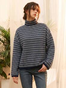 Knit Mix Women's Autumn/Winter Fashion French Elegant Commute Knit Contrast Color Striped Turtleneck Long Sleeve Regular Loose Pullover Sweater Top - Navy Blue - View 6