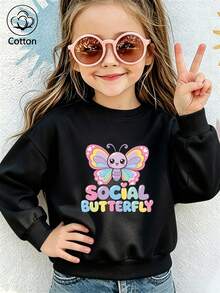 Girls' Cute Printed Drop-Shoulder Round-Neck Long-Sleeve Casual Sports Sweatshirt - Black - View 9