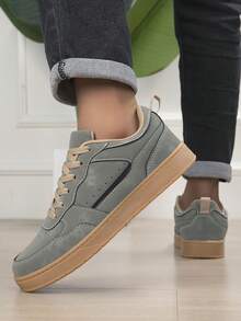 Men's Casual Sports Shoes, Daily Versatile Skate Shoes, Fashion Contrast Color Low-Top Lace-Up Sneakers - Dark Army Green - View 4