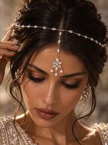 outingfit 1pc Exotic Floral Forehead Chain, Vintage Pearl Bridal Hair Chain Headpiece - Silver - View 1