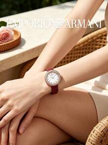 Armani Women's Leather Strap Wristwatch, Round Textured Bezel, Mother Of Pearl Dial, Crystal Hour Markers, Analog Quartz Watch, Party, Date, Wedding, Gift For Her - one-size - View 3
