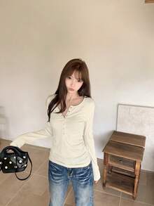 Women's New Long Sleeve Striped T-Shirt Inner Layer, Slim Fit, Unique Design Top - Apricot - View 4