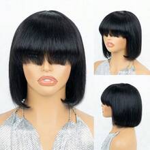 Bob Wig Human Hair Wig Straight Hair Wig Pixie Cut Wig Black Short Hair Wig With Bangs Elastic Mesh Cap Suitable For Everyday Wear - Natural Black - View 7