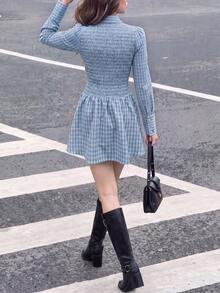 Women's Elegant Plaid Shirt Short Dress, Collared Long Sleeve Ruched Cinched Waist A-Line Skirt, Suitable For Daily Outings And Commuting - Baby Blue - View 2