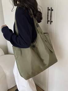 1pc Solid Color Button Decor Tote Bag Nylon Large Capacity Casual Versatile Shoulder Bag For Women Daily Commute - A - View 6