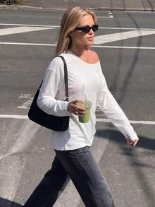 Women's White Cold Shoulder Long Sleeve Top, Solid Color Casual Versatile Daily Wear Loose Fit T-Shirt - White - View 3