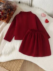 2pcs Girls Vintage Sweet Style Corduroy Short Jacket With Lapel And Frill Trim, Paired With High Waist Ruffle Button A-Line Skirt Set, Spring/Autumn - Burgundy - View 4