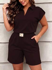 Women's Spring Summer Autumn Casual 2-Piece Set, New Fashion Solid Short Sleeve Top With Heart Print Shorts, Spring Break Outfit Elegant - Brown 90 - View 2