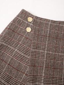 EARO Women's Vintage Plaid Long A-Line Skirt With Gold Buttons, Suitable For Autumn Wear - Brown - View 5