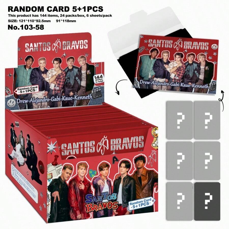 SANTOS BRAVOS Theme Random Collectible Card Box, 6 Cards Per Pack (5 Regular + 1 Hidden), 144 Unique Designs, Featuring Drew, Alejandro, Gabi, Kaue, Kenneth In American Street Style, Blind Draw Gameplay With Fun And Collectibility, High-Definition Printing Restoring Official Photo Quality, Standard Card Size Compatible With Universal Card Albums, Ideal Merchandise Gift Box For Fans Of Popular Latin Boy Band For Collection, Trading, And Support