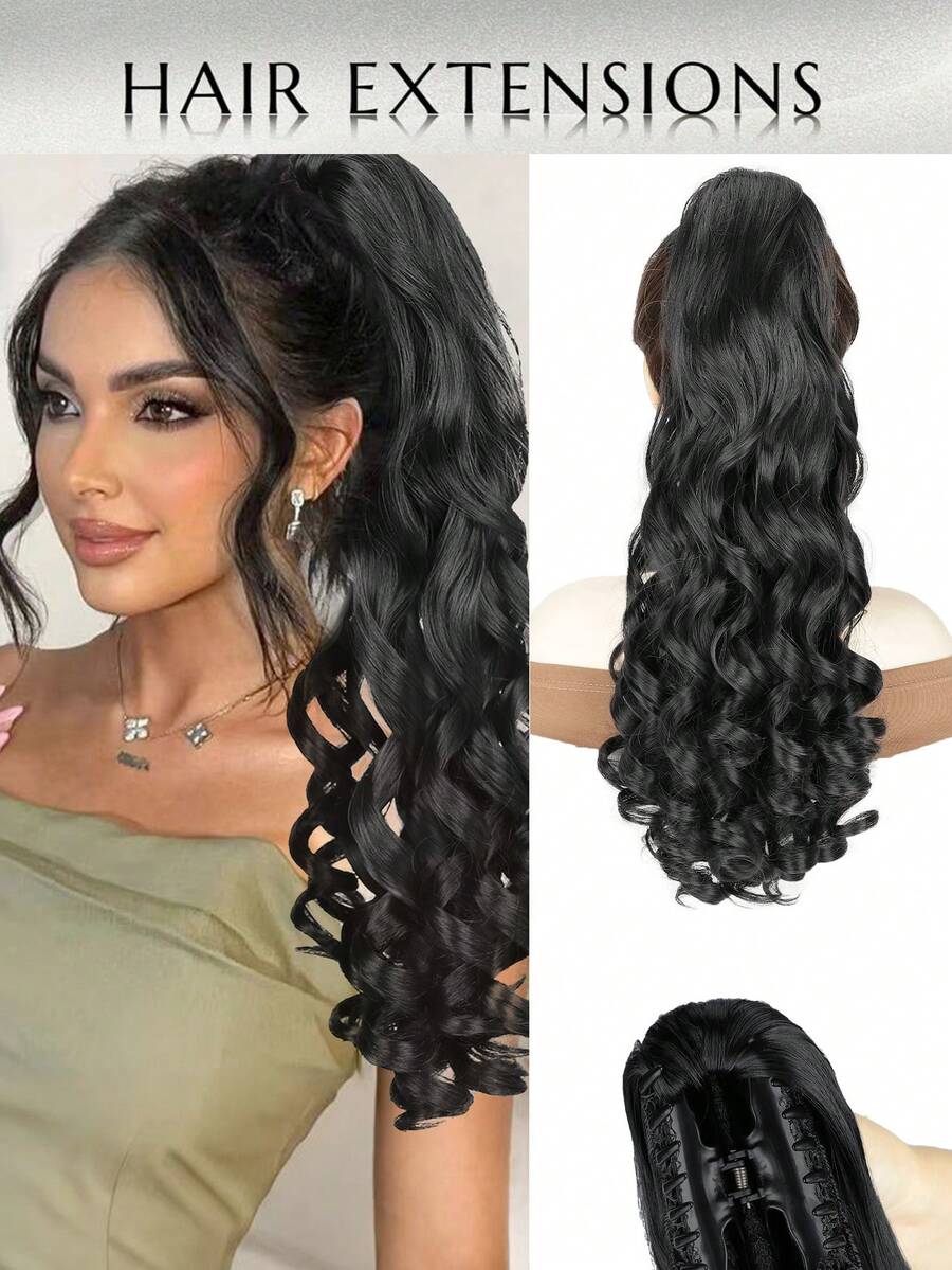20-Inch Synthetic Wavy Ponytail Hair Clips, Providing A Fluffy And Various Color Options, Equipped With Safety Clips, Suitable For Parties, Formal Occasions, Hairstyle Accessories, Natural Appearance Hair Pieces, Elegant Bride Style - Multicolor - View 1