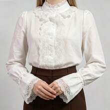 Women's White Floral Lace Ruffle Collar Blouse, Puff Flare Long Sleeve Button Front Vintage Elegant Casual Commute Top, Autumn Layering - White - View 2