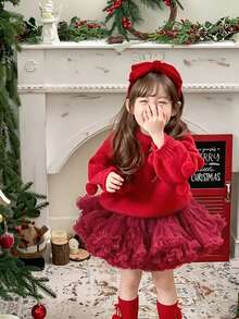 1pc Girls Cute Fancy Dreamy Sweet Princess Heavy Work Layered Ruffled Tulle Cake Skirt Tutu Skirt Birthday Gift Christmas Thanksgiving New Year Party All Season Wear - Burgundy - View 3