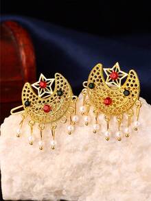 1Pc Vintage Gold Hollow Moon & Star Hair Clip, Colorful Rhinestone Pearl Tassel Barrette, Hair Accessory For Women Wedding Banquet - Gold - View 2