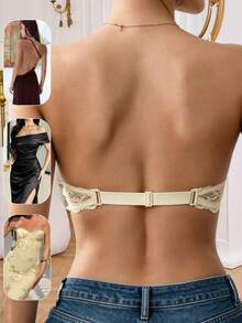 Strapless Lace Spliced Front-Clasp Lace Underwire Bra Women Floral Push-Up Bras Non-Slip Invisible Backless Top Suitable For Daily Wear And Weddings - Beige - View 2