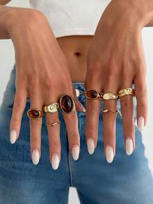 8pcs Vintage Oval Amber Thick Gold Stackable Ring Set, Asymmetrical Hammered Metal Twisted Thin Rings, Multi-Layer Women's Daily Wear Finger Jewelry - Light Gold - View 7