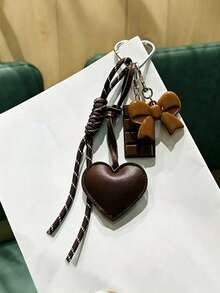 1pc Original Handmade Exquisite Cute Keychain With Bow Knot + Leather Heart + Chocolate Block Design, 3D Heart-Shaped PU Leather Keychain - Cartoon Theme Rectangular Bag Charm - Multicolor - View 4