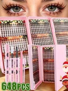 540/648 Clusters Eyelash Book Set, Invisible Ultra-Fine Stem, Lightweight Fluffy D Curl, 10/12/14/16/18mm Mixed Length, Long-Lasting Waterproof, Easy DIY Wear, Pink Storage Box, Christmas Gift Set For Women - Pink - View 7
