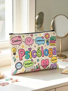 1pc Fun Cartoon Style Psychologist Print Makeup Bag, Pouch With Cute Psychology Theme Icons,Makeup Bag, Small Pouches, Coin Purses, Pencil Cases, Clutches,Multi-Functional Storage Bag, Ideal For Daily Toiletries And Travel - Multicolor - View 3