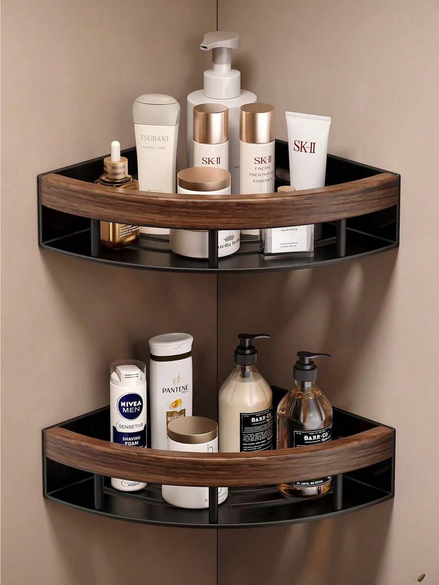 Walnut Wood Bathroom Corner Shelf, No-Drill Wall-Mounted Storage Rack For Shower, Washroom And Toilet - Multicolor - View 1