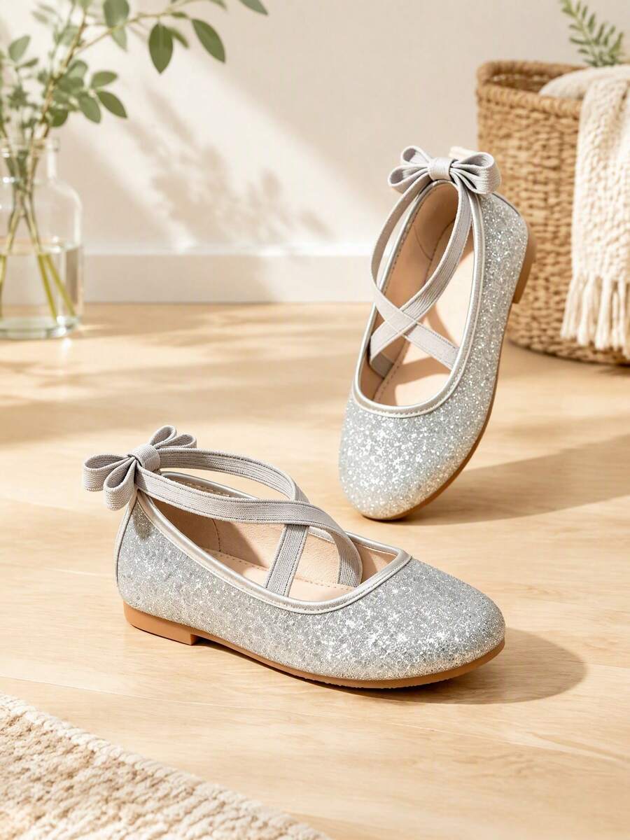 1 Pair Kids Silver Mary Jane Princess Shoes, Round Toe With Elastic ...