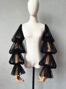 1pc Black Mesh Petal Sleeve 2-Piece Elastic Pleated 4-Layer Bridal Sleeve Covers - Multicolor - View 2