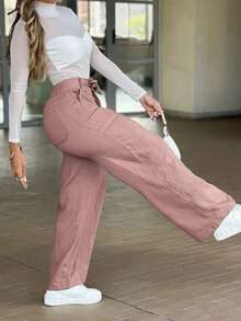 GLAMSKIN Women's Autumn Pink Cargo Wide Leg Pants, Drawstring Elastic High Waist Twill Multi-Pocket Long Pants, Casual Street Style Autumn Fashion Outfit - Dusty Pink - View 5