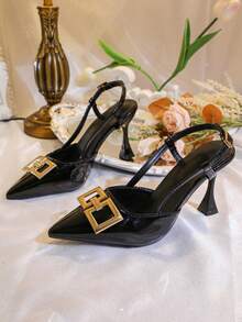 1 Pair Women's High Heel Pumps/Sandals, Versatile For Spring/Autumn, Sexy Fashion Glamorous Style, Solid Color PU With Pure Metal Decor, Suitable For Wedding, Office, Party, Spring/Summer/Autumn/Winter, 1 Pair High Heel Sandals, Solid Color Mirror PU Material + Gold Square Buckle Decor, Lace-Up Design, Pointed Toe Stiletto High Heel Elegant Wedge Sandals, Suitable For Party, Shopping, Travel, Vacation, Outdoor Wear, Summer New Style (Runs Small By One Size) - Black - View 4