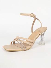 Women's Square Toe Crystal High Heel Sandals With Rhinestone Strap, Open Toe, Summer Autumn, Minimalist Basic Style, Metal Buckle - Apricot - View 13
