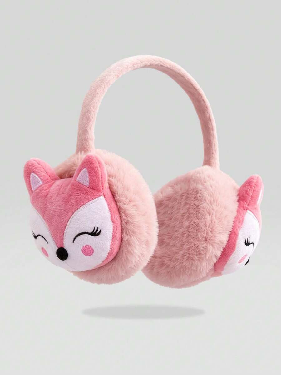 1pc Pink Fox Plush Ear Muffs For Girls, Thick Soft Warm, Cute Cartoon Style, Winter Outdoor Daily Ear Protection - Watermelon Pink - View 1